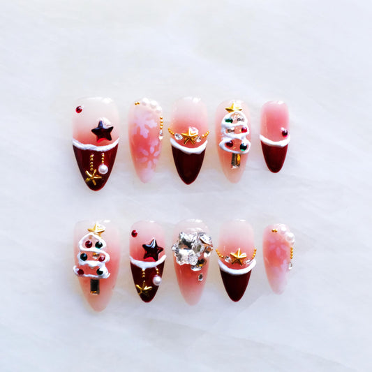 GLORS Christmas Press-on Nails, Medium Length Almond Shape, 3D Design with Snowflakes and Trees, Red and Pink, 10 Pieces (Medium, Almond)