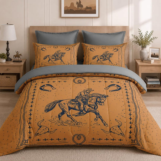 Pamnest Comforter Set Queen Size, Western Cowboy Retro 7 Pcs Bedding for Kids and Adults, Vintage Horse Animal Bed Sheet Sets with Fitted Sheet 2 Pillowcases & 2 Shams for Bedroom Bed Decor