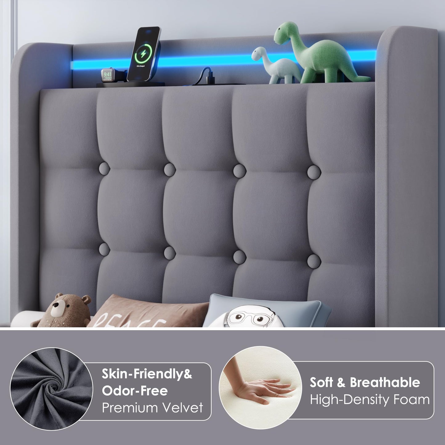 Keyluv Twin Car Bed Frame with LED Lights and Charging Station, Upholstered Platform Bed with Button Tufted Headboard and Wheels, No Box Spring Needed, Noise-Free, Easy Assembly, Velvet Grey