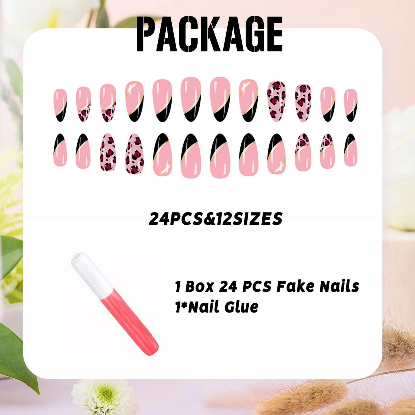 IMSOHOT Press on Nails Almond Medium, Brown Leopard Print Fake Nails Set, Glossy Full Cover Acrylic Glue on False Nails for Women 24Pcs Fall French Manicure