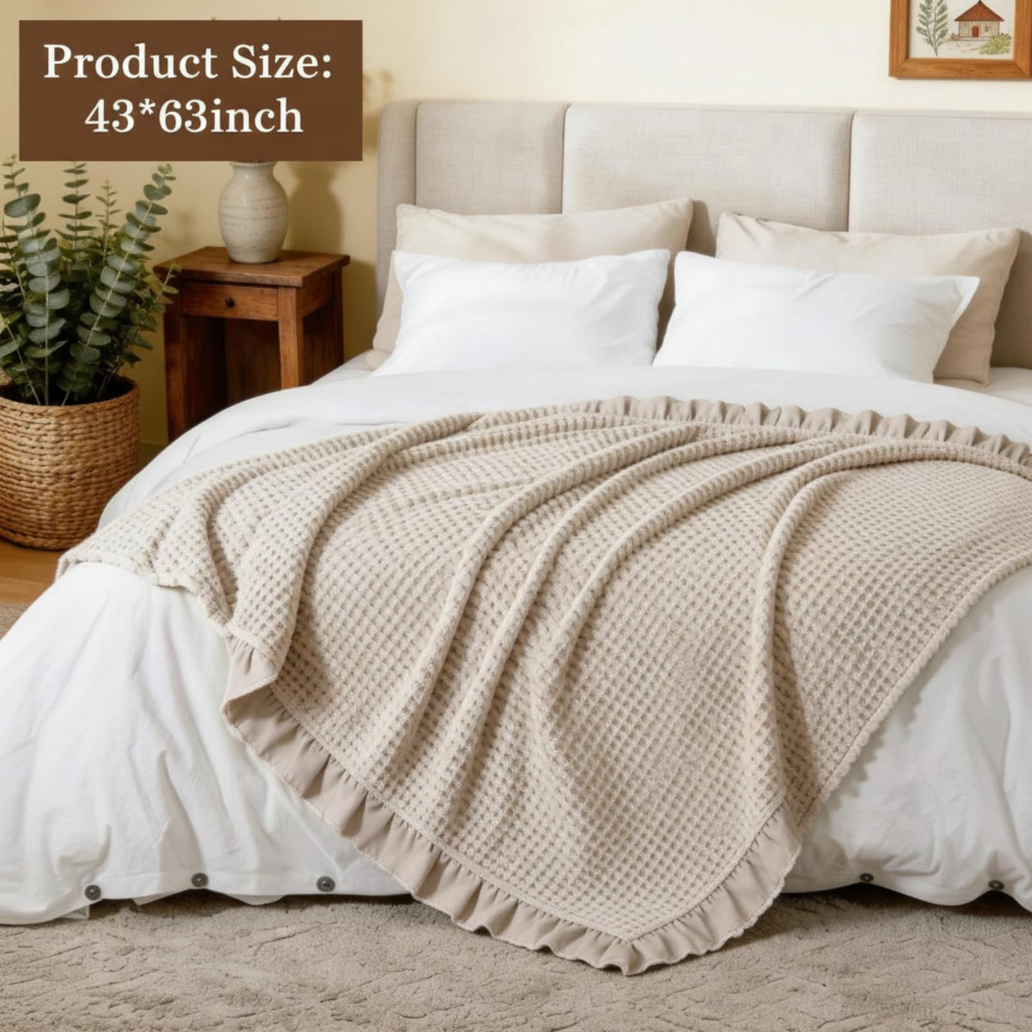 Tegeme Waffle Weave Blanket 43" x 63" 100% Cotton Neutral Boho Farmhouse Woven Knitted Beige Throw with Ruffles Warm Soft Cozy Throw Blanket Decorative Breathable for Couch Bed Sofa