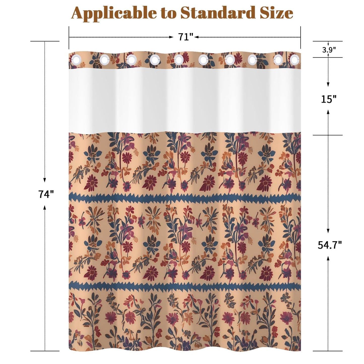 Xiazhilaio Vintage Boho Floral No Hook Shower Curtain with Snap in Liner