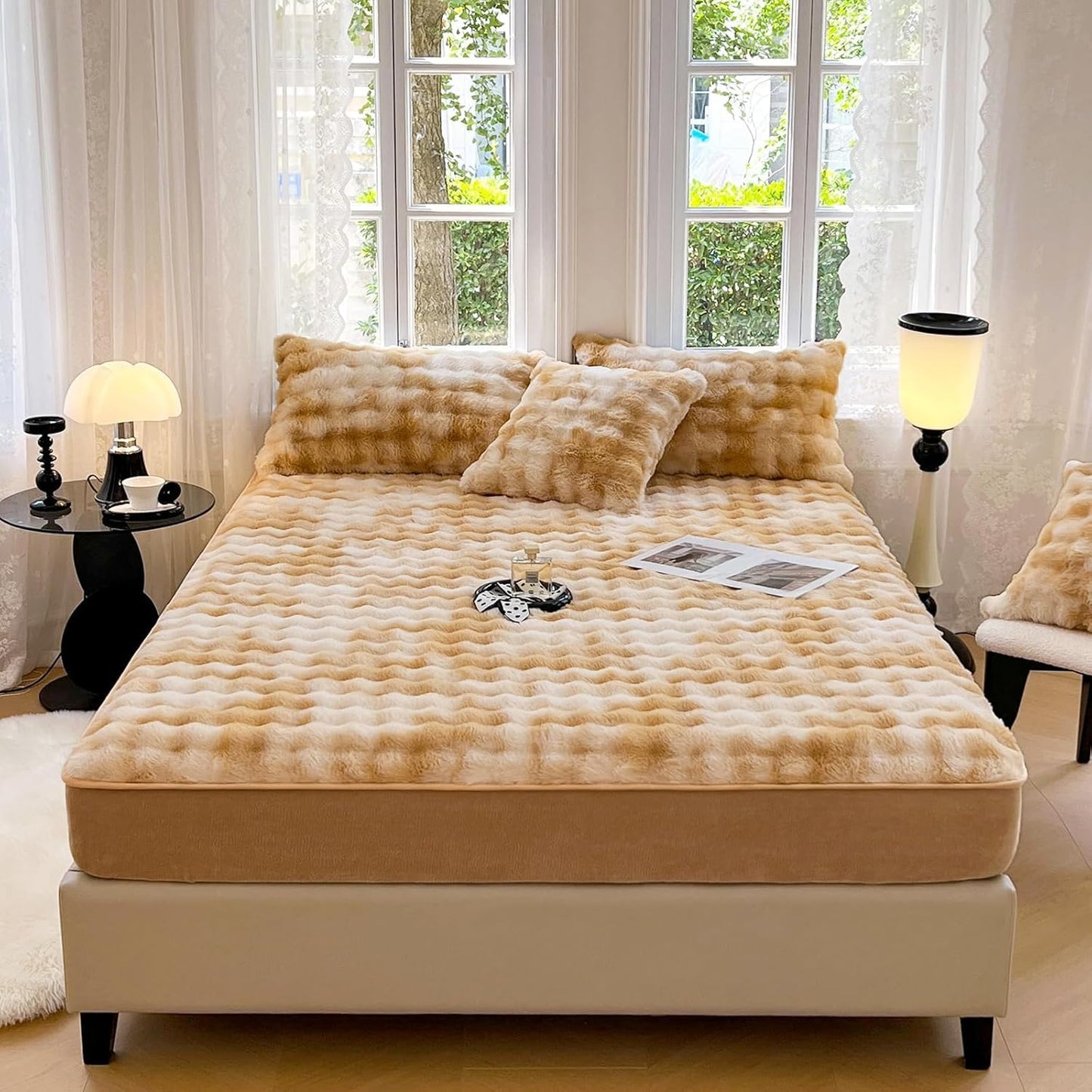 ZIQINPSQ Plush Shaggy Fitted Sheet Full Size-Velvet Fitted Sheet Faux Fur Bottom Sheet with 15" Deep Pocket, Flannel Warm Tie Dyed Mattress Cover,No Pillowcases,Gold