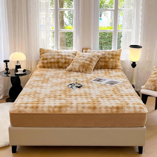 ZIQINPSQ Plush Shaggy Fitted Sheet Full Size-Velvet Fitted Sheet Faux Fur Bottom Sheet with 15" Deep Pocket, Flannel Warm Tie Dyed Mattress Cover,No Pillowcases,Gold