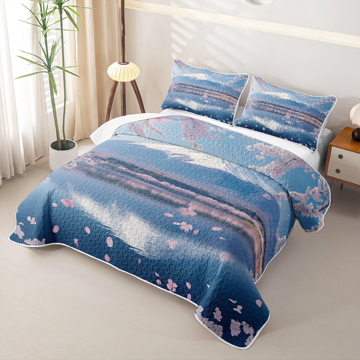 Erosebridal Cherry Blossoms Quilt Set Full Mount Fuji Quilt Japanese Style Bedding Coverlet Pink Flowers Bedspread Bedroom Decor