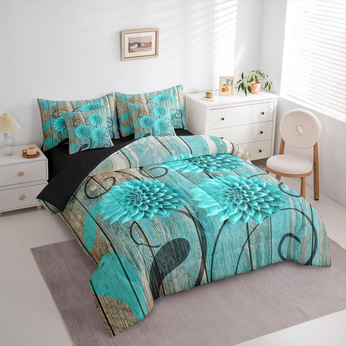 Erosebridal Teal Farmhouse Dahlia 7 Piece Comforter Set Queen | Daisy Floral Boho Bed in A Bag Turquoise Floral Sheet Set Breathable Lightweight Rustic Flower Abstract Fitted Sheet