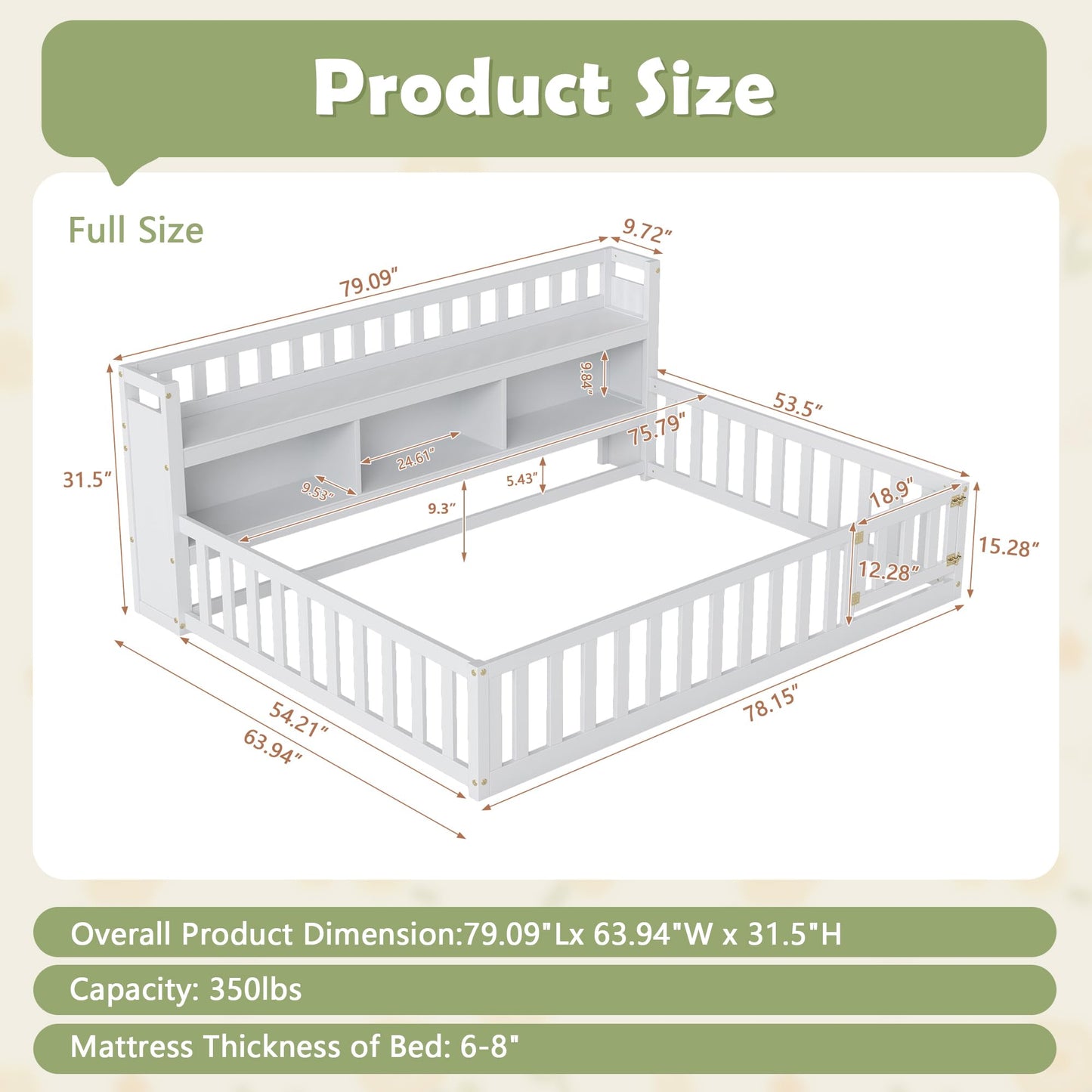 mikibama Full Size Montessori Floor Bed with Bookcase for Kids, White
