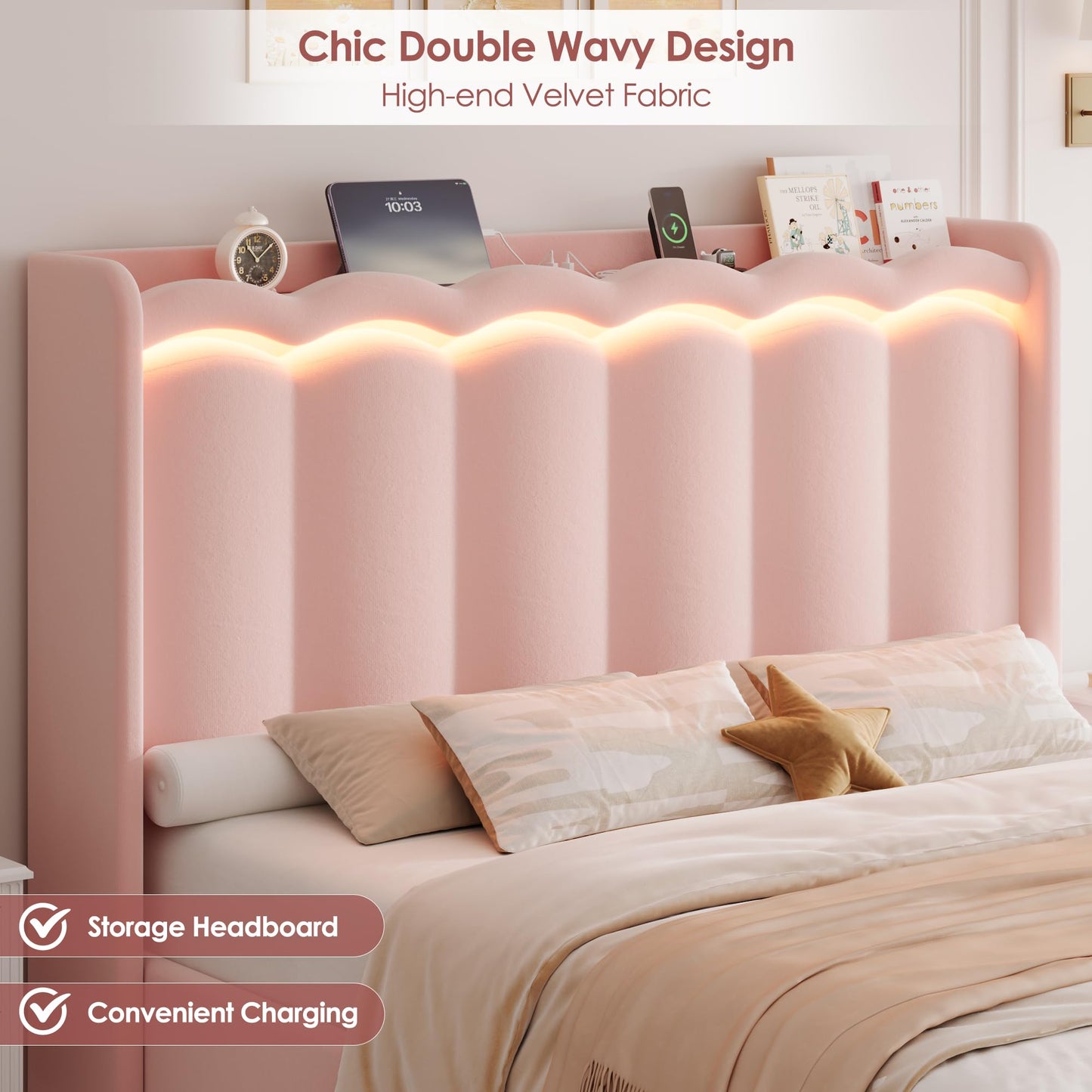 HIFIT Queen Upholstered LED Bed Frame with Charging Station and 2 Storage Drawers, Pink Velvet Princess Bed Frame for Girls, Camas Queen with Double Wavy Wingback Headboard, No Box Spring Needed