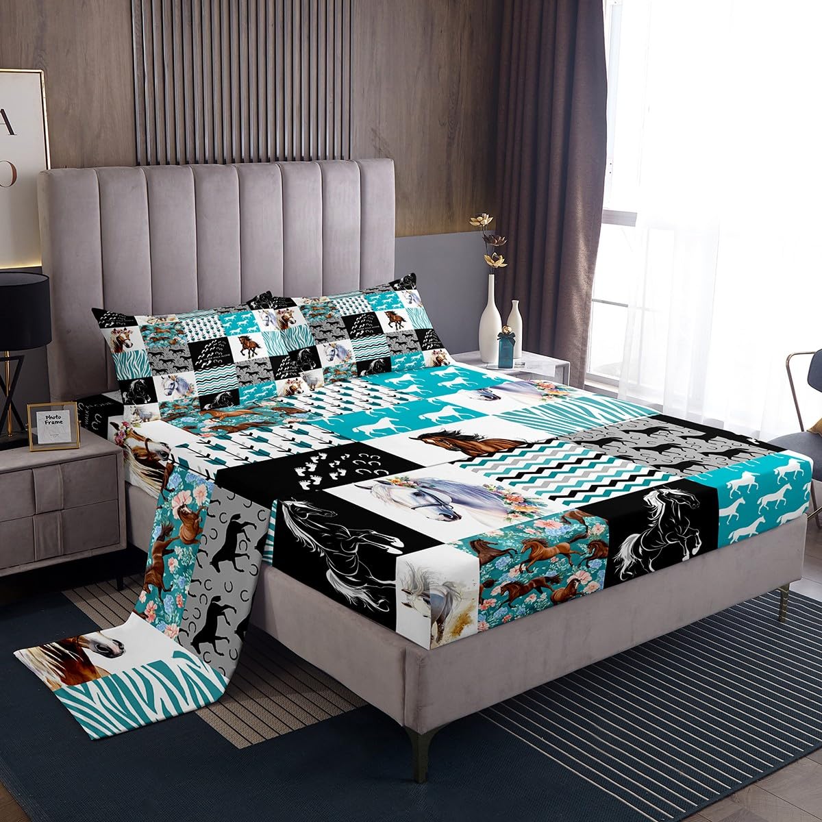 Horse Sheet Set King,Western Farmhouse Bed Sheets for Girls,Boho Arrow Teal Zebra Stripe Bedding Sheets for Teens Boys Women,Rose Flower Rustic Cowboy Fitted Sheet & Flat Sheet Black White 3 Pcs