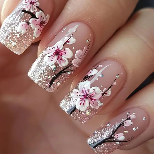 Medium Press on Nails Square Fake Nails with Nude Pink Peach Silver Glitter Designs Acrylic Glue on Nails Press ons Flower Glossy Full Cover Stick on Nails for Women 24 Pcs