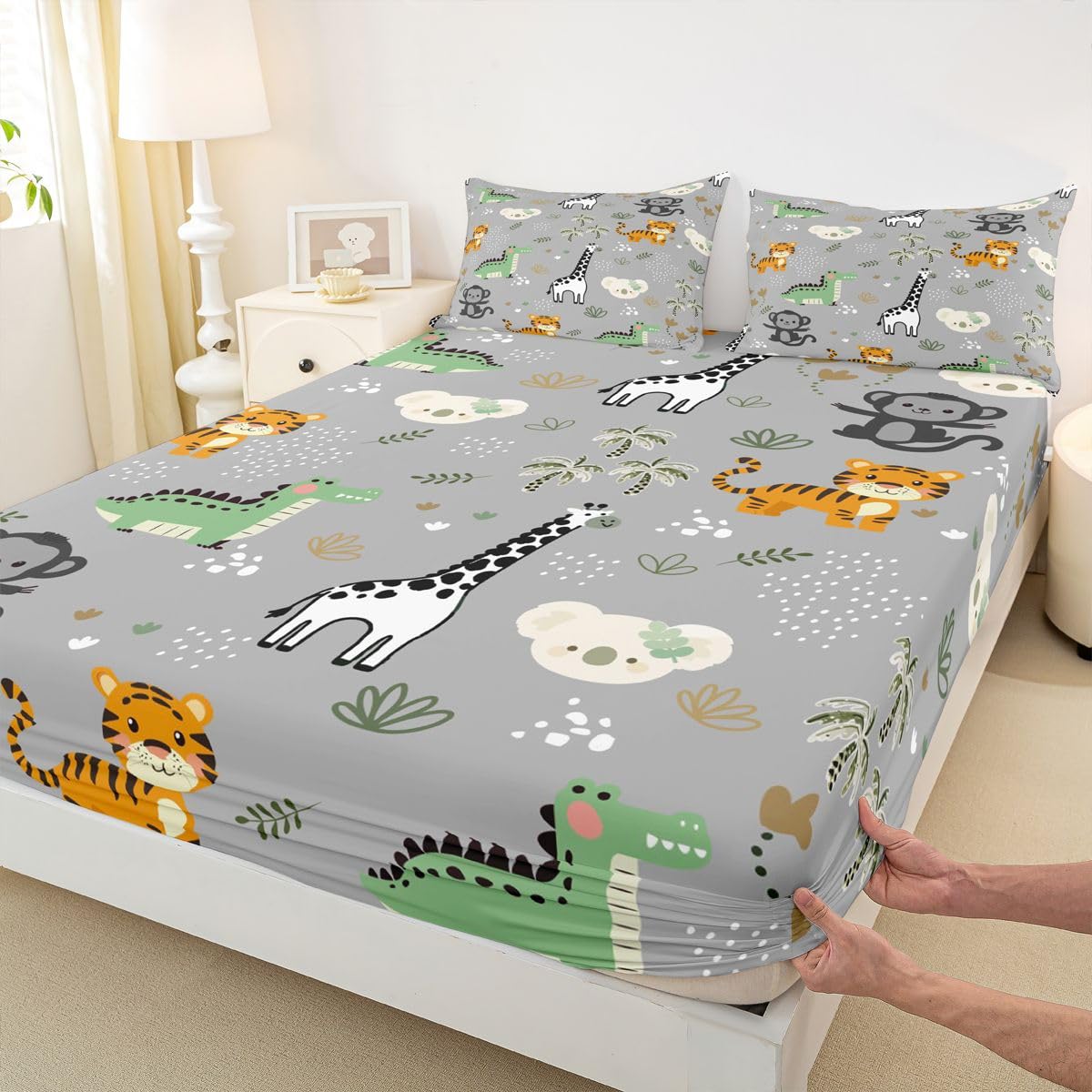 Erosebridal Jungle Animals Bed Sheets Full Cartoon Kawaii Sheet Set for Kids Boys Girls Hunting Safari Animals Sheets Monkey Giraffe Crocodile Tiger Flat Fitted Sheet 3 Pcs