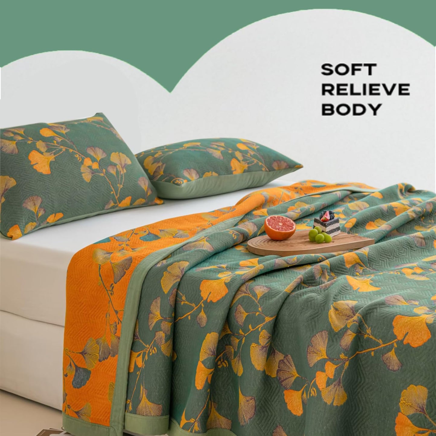 Bifqioy Ginkgo Leaf Quilt Queen Size Dark Green Orange Reversible Cotton Bedspread Coverlet for All Seasons Lightweight Muslin Quilt Throw Blanket for Bed, Couch