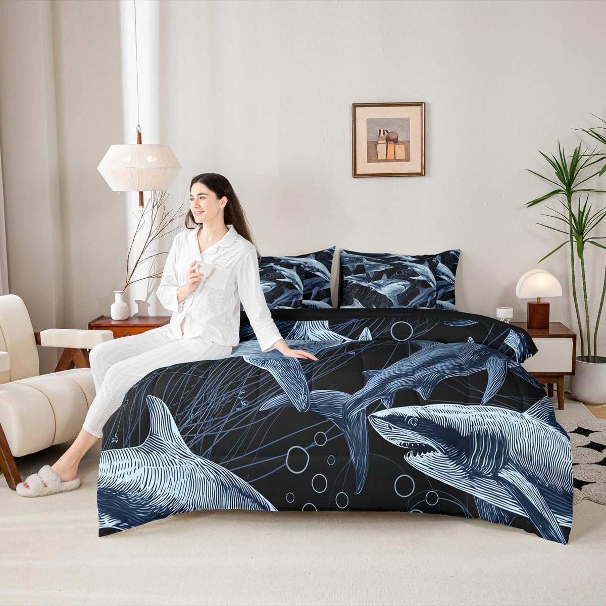 Erosebridal Shark Comforter Set Ferocious Shark Bed in A Bag Full Size 7 Pieces Underwater World Oasis Bed Set Sea Ocean Animal Bedding