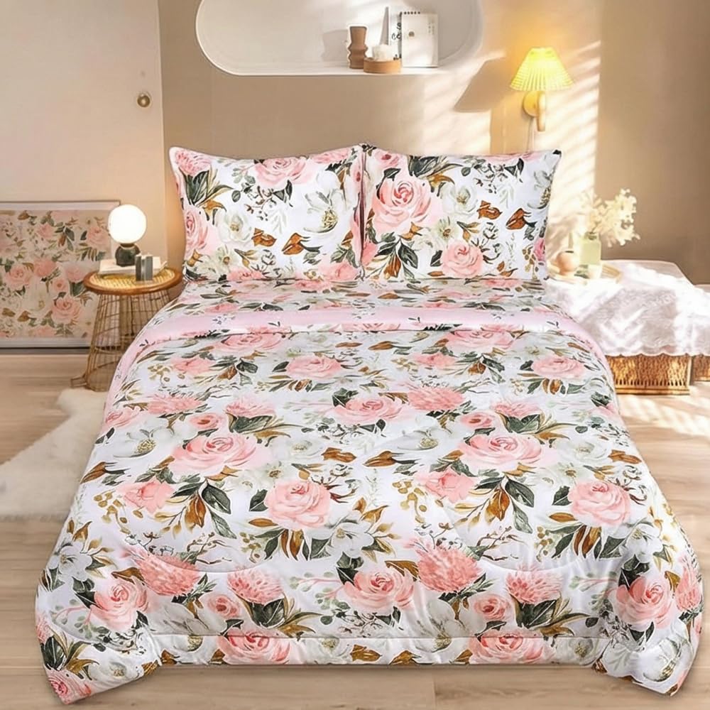 DILIMI Full Size Comforter Set for Girls, Reversible 5 Pieces Full Bedding Set, 5 Pieces Ultra Soft Pink Floral Full Size Bed Comforter Sets with Sheet, Comforter, Flat Sheet, 2 Pillowcase