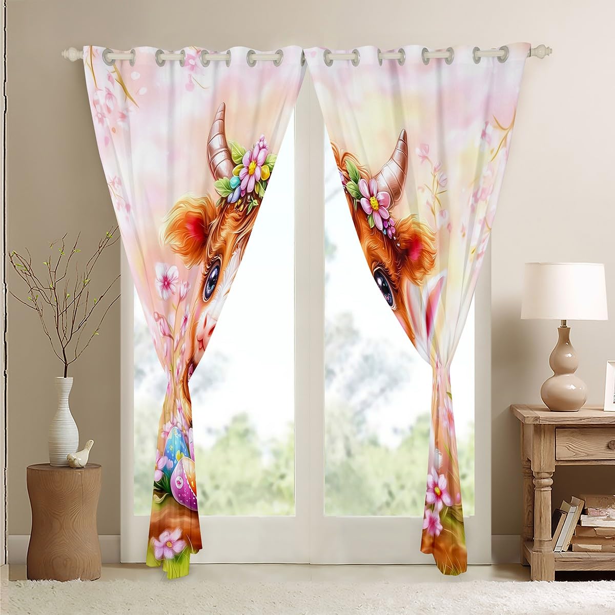 Feelyou Kids Pink Rabbit Highland Cow Curtains,Egg Floral Rabbit Window Curtains for Bedroom Living Room,Dreamy Princess Window Drapes,Happy Easter Blackout Curtains, 42W X 84L,2 Panels