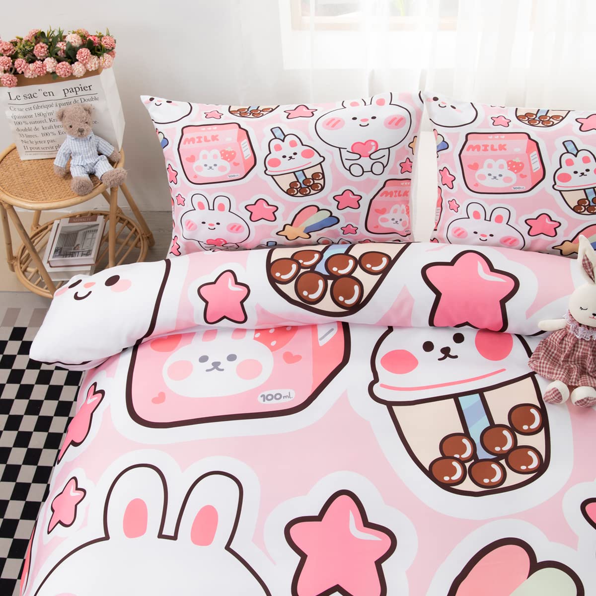 CVHOUSE Kawaii Bedding Set King Size,Cute Rabbit Bed for Girls Kids Teens,Pink Comforter Cover Soft,Kawaii Duvet Set,Girls Room Decor Quilt King 90'x102'