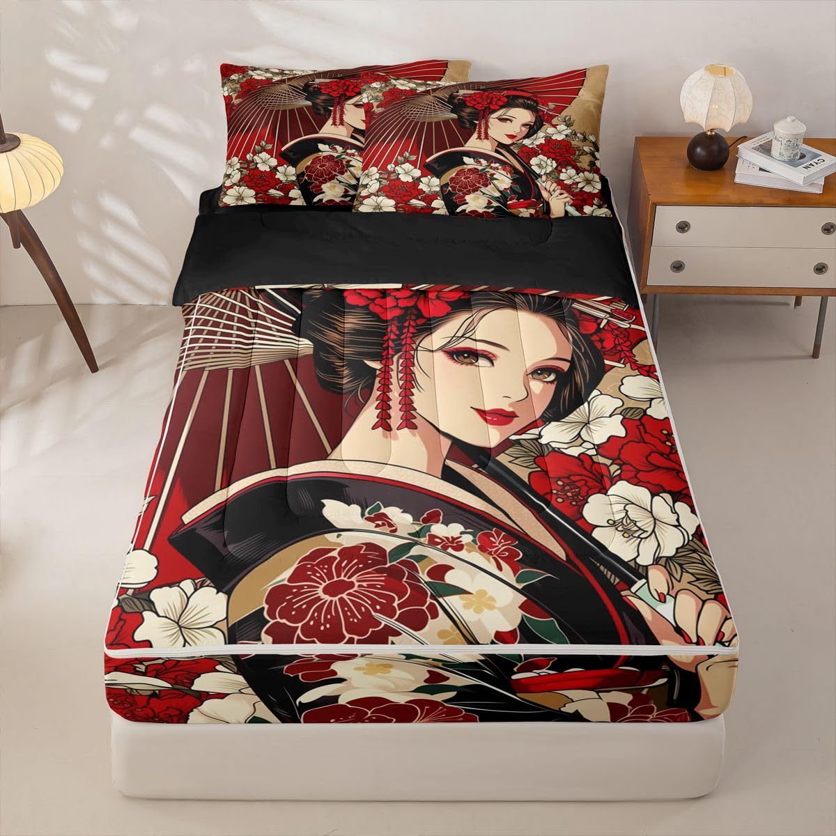 Erosebridal Geisha Kids Comforter Set with Zipper, Japanese Twin Size Zipper Bedding Set, Traditional Geisha Bed-in-A-Bag