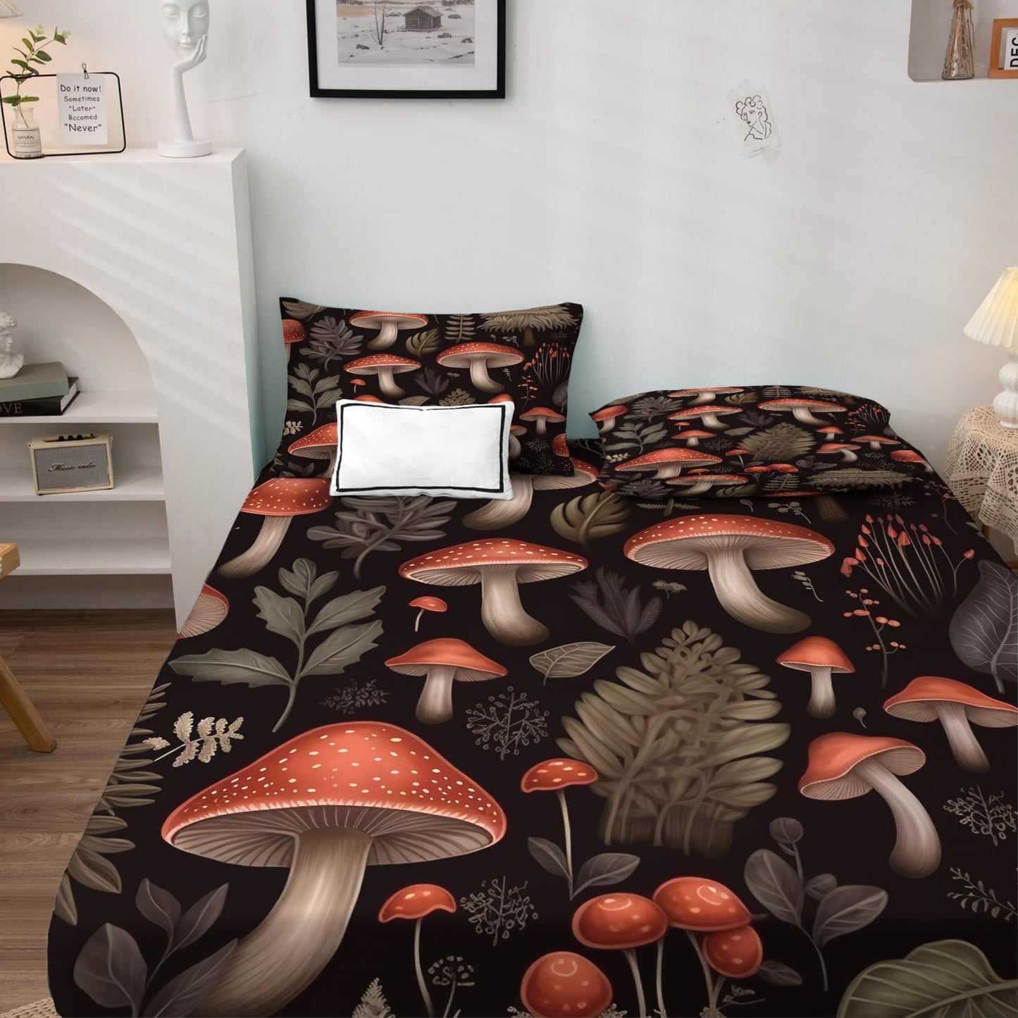 Mushroom Sheets King Sheet Sets - Botanical Bed Sheets, Soft Microfiber & Deep Pocket & Wrinkle Free Patterned Bedding Sheets & Pillowcases, 4 Piece ( 1 Fitted Sheet, 1 Flat Sheet, 2 Pillow Cases )