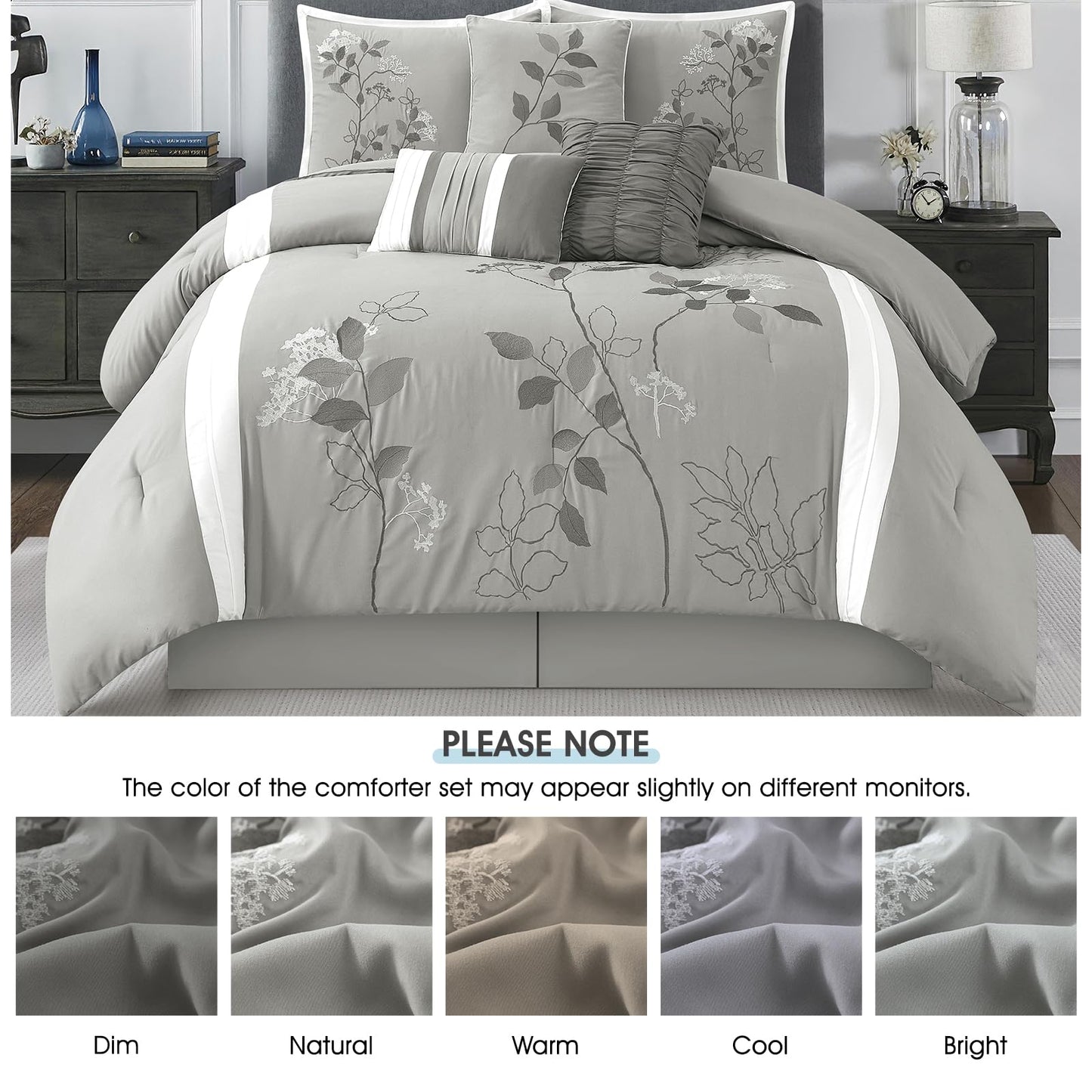 LANCO MODERN LIFESTYLE Grey Queen Comforter Set, 7 Pieces Bed in a Bag, Elegant Floral Leaves Embroidery, Soft and Lightweight All Seasons Bedding Set, Bedskirt, Pillow Shams, Decor Pillows