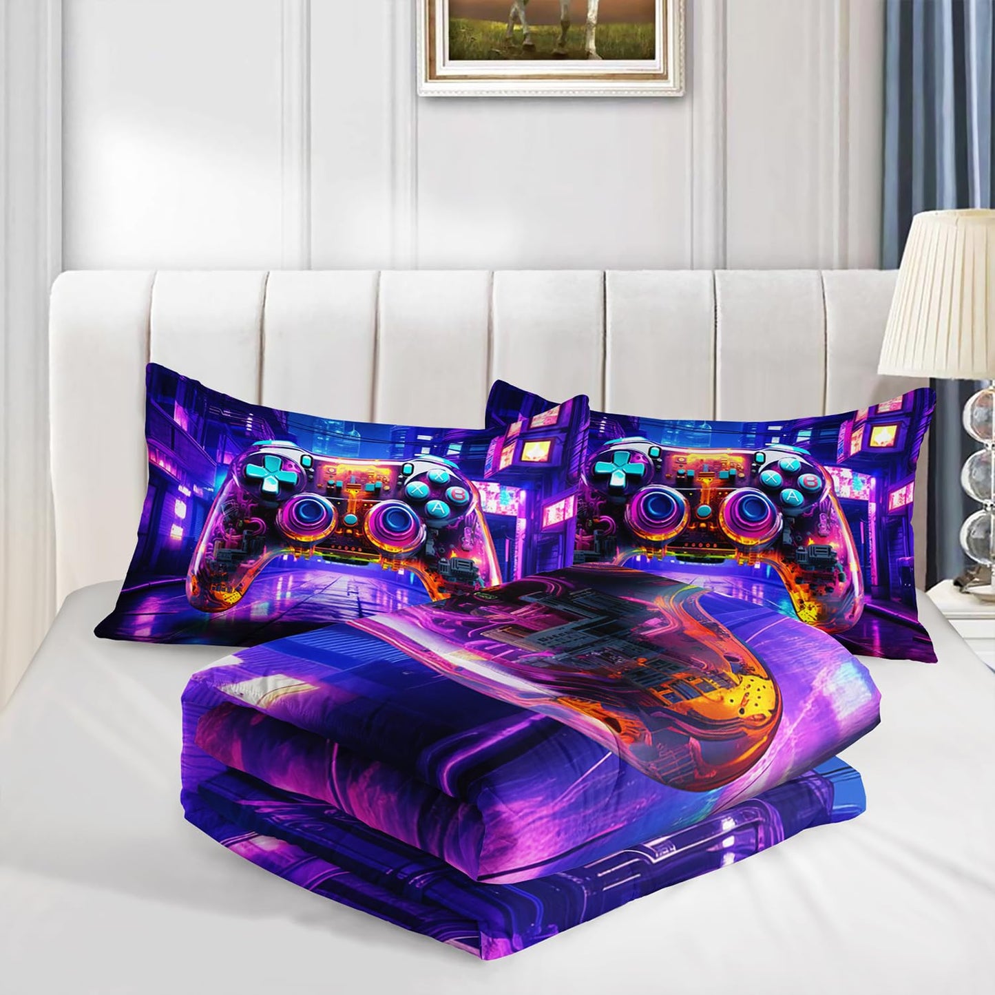 Nttopship Gamer Neon Comforter Set Queen Size, Violet Gaming 3 Bedding Set for Boys Girls Teens, Games Gamepad Lightweight Down Alternative with 2 Pillowcases for Bedroom Decorative
