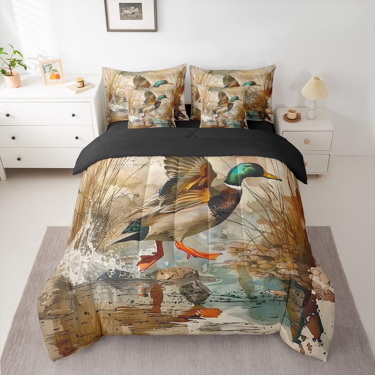 Erosebridal Wild Ducks 7 Piece Bedding Set Queen Mallards Comforter Set with Sheets Reeds Water Splashes Watercolors Bed in a Bag Hunt Cobblestone Spots Grey for Teens Men Women