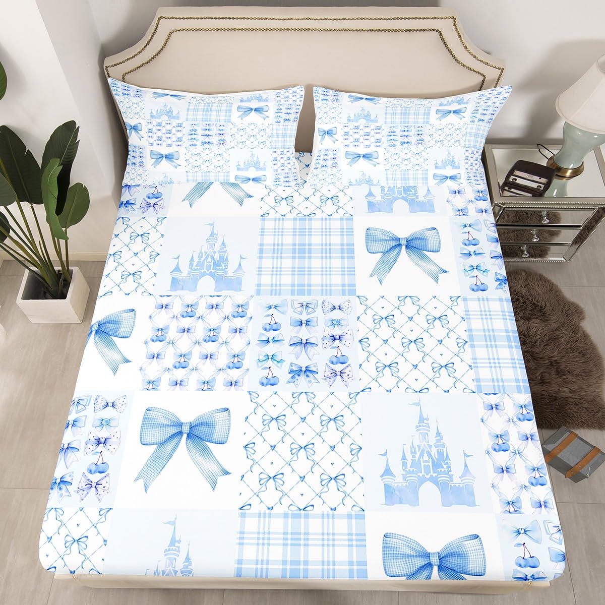 Blue Bowknot Fitted Sheet Full Size,Cherry Bow Tie Castle Princess Dreamy Bedding Set,Girls Women Room Decor,Geometric Plaids Patchwork Bed Cover,Beauty Fashion Bed Sheet,2 Pillowcases