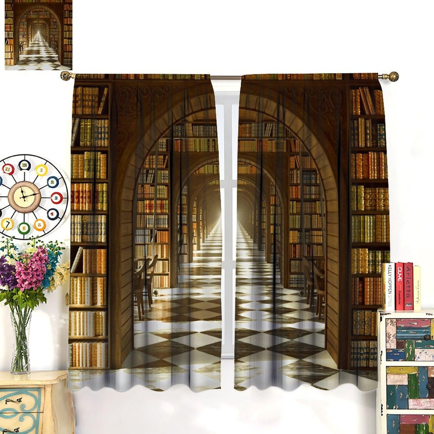 Nsbul Bookshelf Curtains, Vintage Library Books Window Treatments Antique Wooden Bookcase Drapes for Bedroom Living Room, 42" W X 45" L (No Blackout)