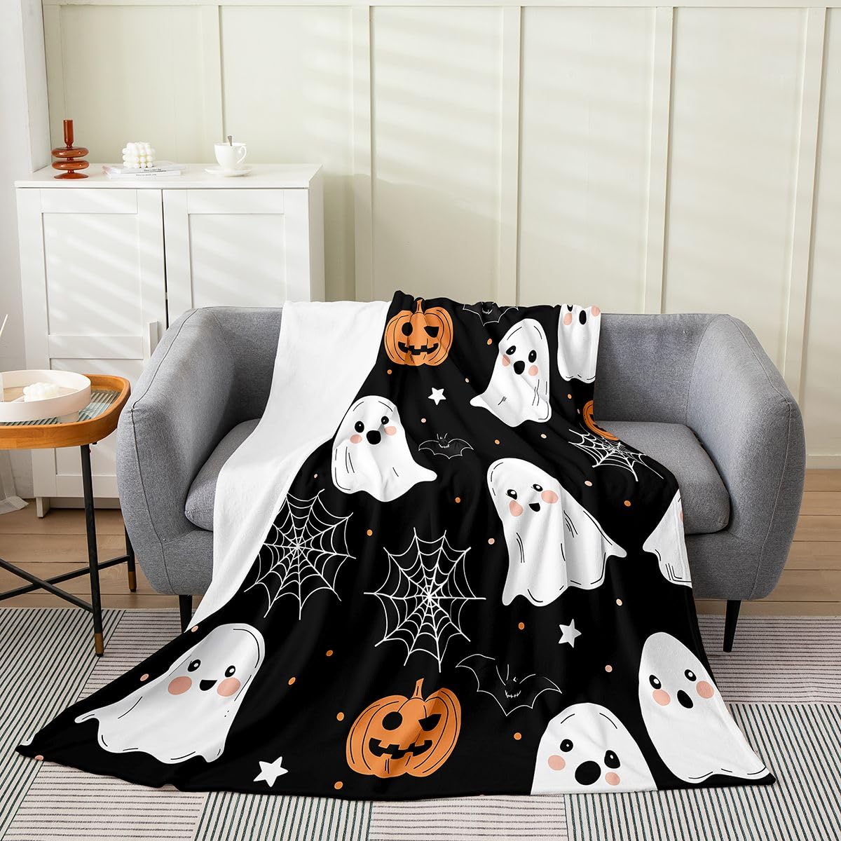 Feelyou Ghost Flannel Blanket Plush Fuzzy Halloween Themed Fleece Throw Blanket for Boys Girls Trick or Treat Plush Lightweight Sofa Throw Spooky Pumpkin 40"x50" for Bed Couch Chair Living Room