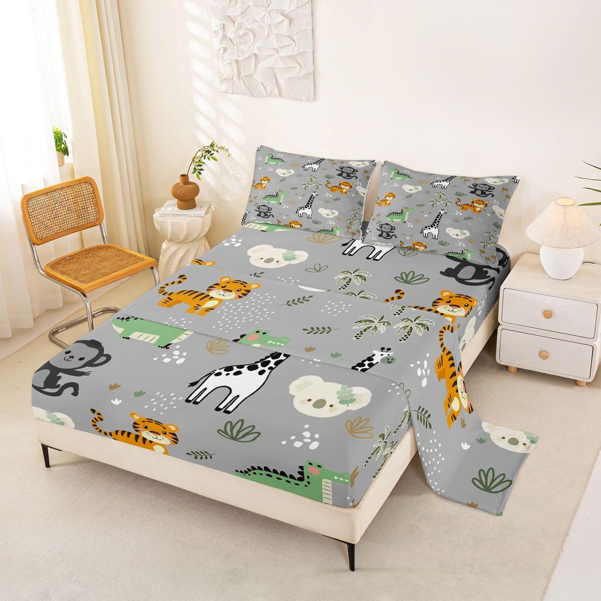 Erosebridal Jungle Animals Bed Sheets Full Cartoon Kawaii Sheet Set for Kids Boys Girls Hunting Safari Animals Sheets Monkey Giraffe Crocodile Tiger Flat Fitted Sheet 3 Pcs