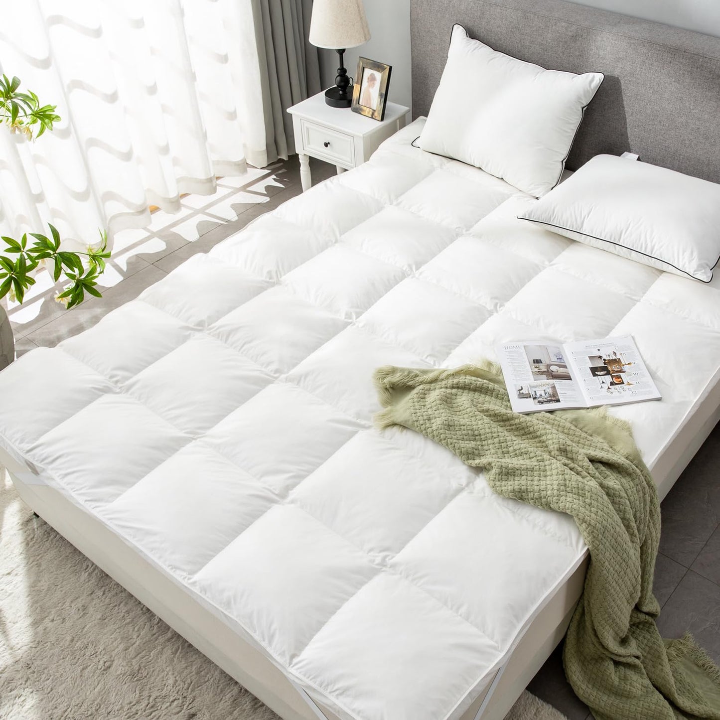 ROSE FEATHER Goose Down Feather Mattress Topper,Queen Down Mattress Protector Cover with Straps,Plush Soft Fluffy Baffled Pillowtop,Hypoallergenic Featherbed Cooling Pad All-Season Luxury(60x80 inch)