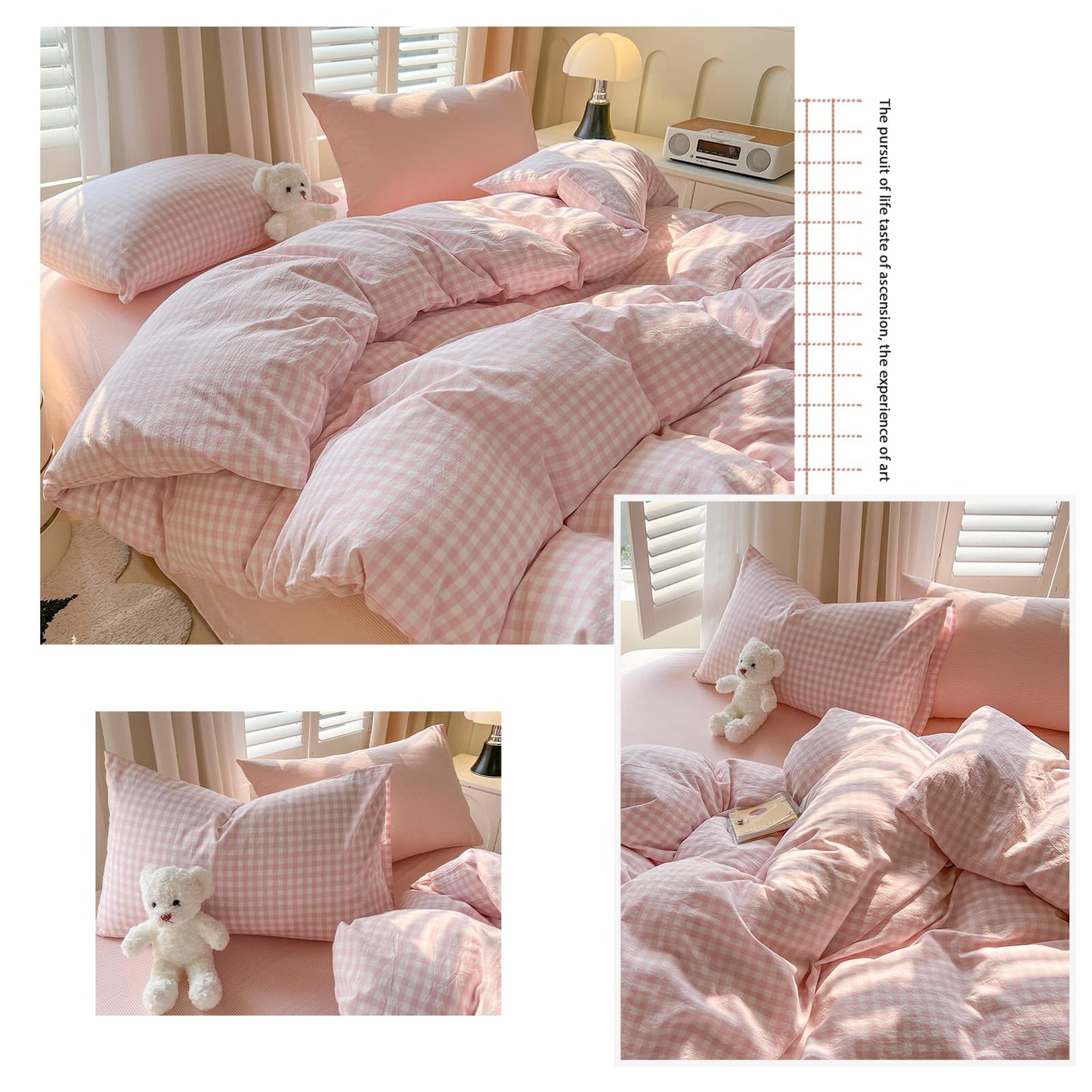 VM VOUGEMARKET Pink Gingham Duvet Cover Set for Girls, Queen Size