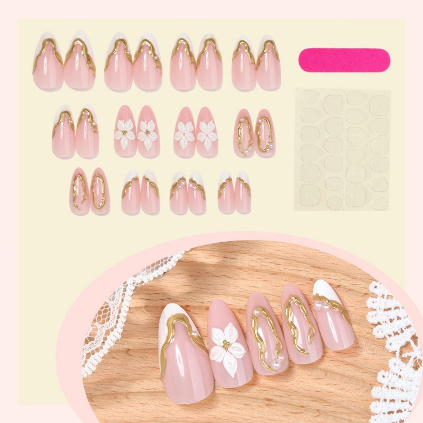 octoswave Press on Nails Medium Almond Fake Nails White French Artificial Nail Flowers Embossed and Pearl Stick on Nail for Women 24pcs