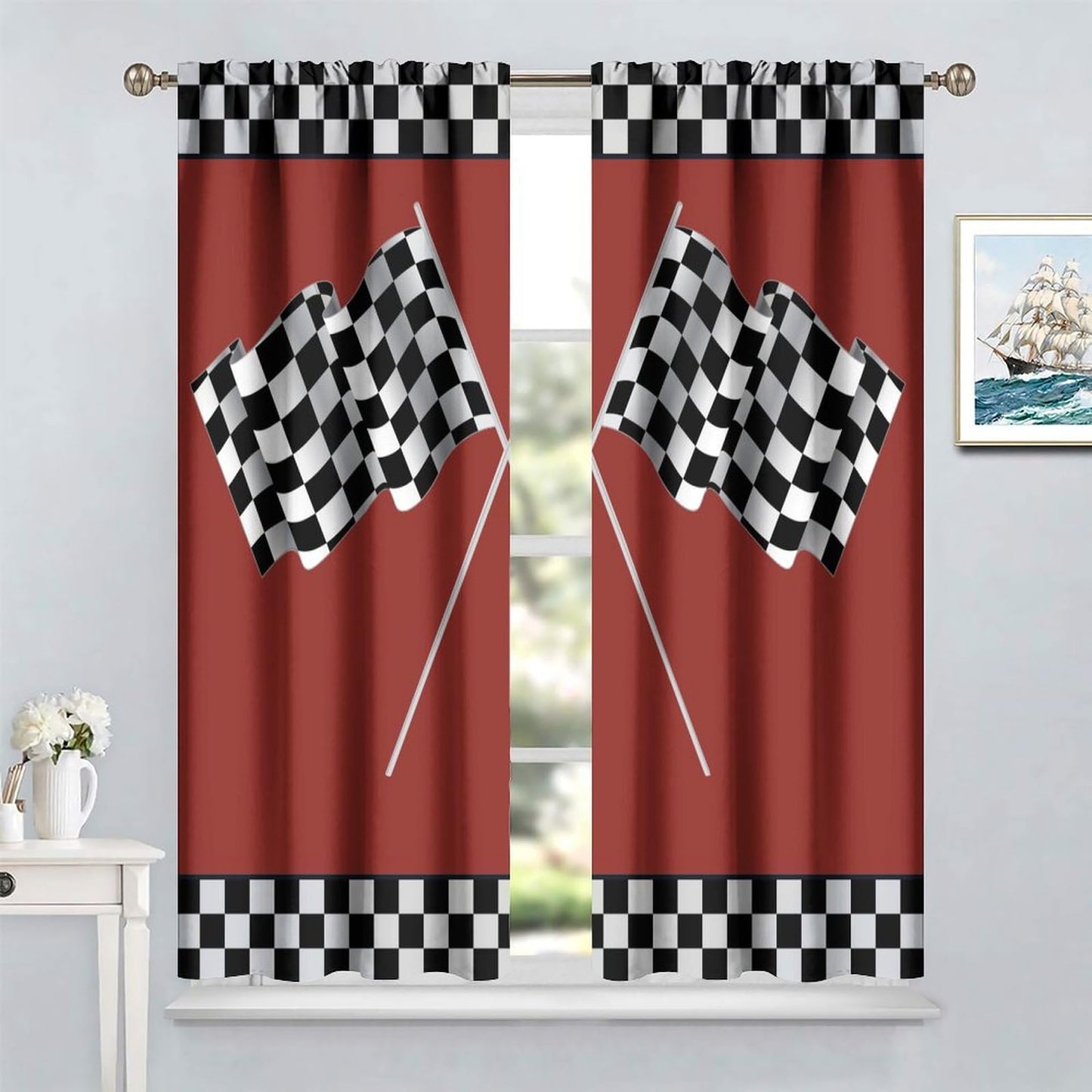 SENRUEGT Race Car Blackout Curtains for Bedroom,Abstract Modern Art Racing Car Black White Checked Flag Window Treatments for Kids Boys Bedroom Curtains 42x45 Inch, Style-3