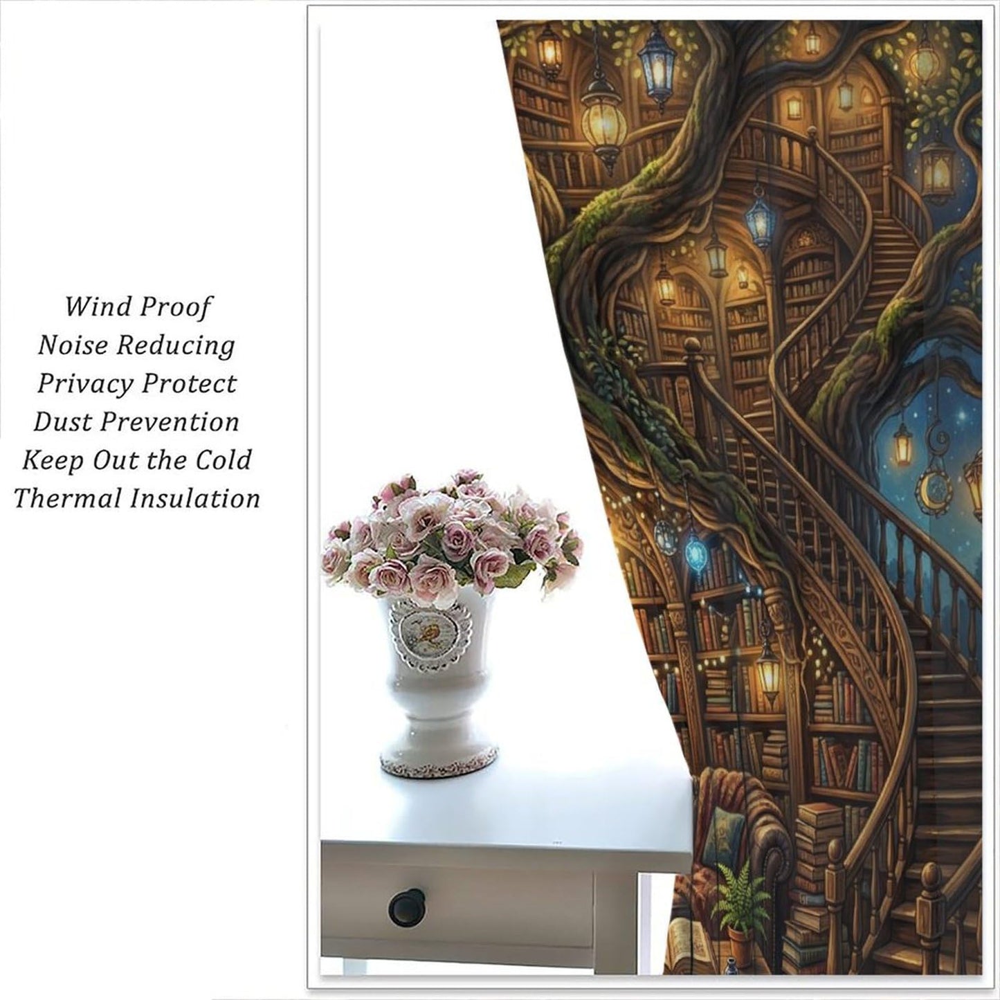 PHTAYOT Fantasy Magical Library Short Curtains,Tree of Life & Magic Bookshelf Decor Window Drapes for Small Windows,2 Panels,42x45 Inch