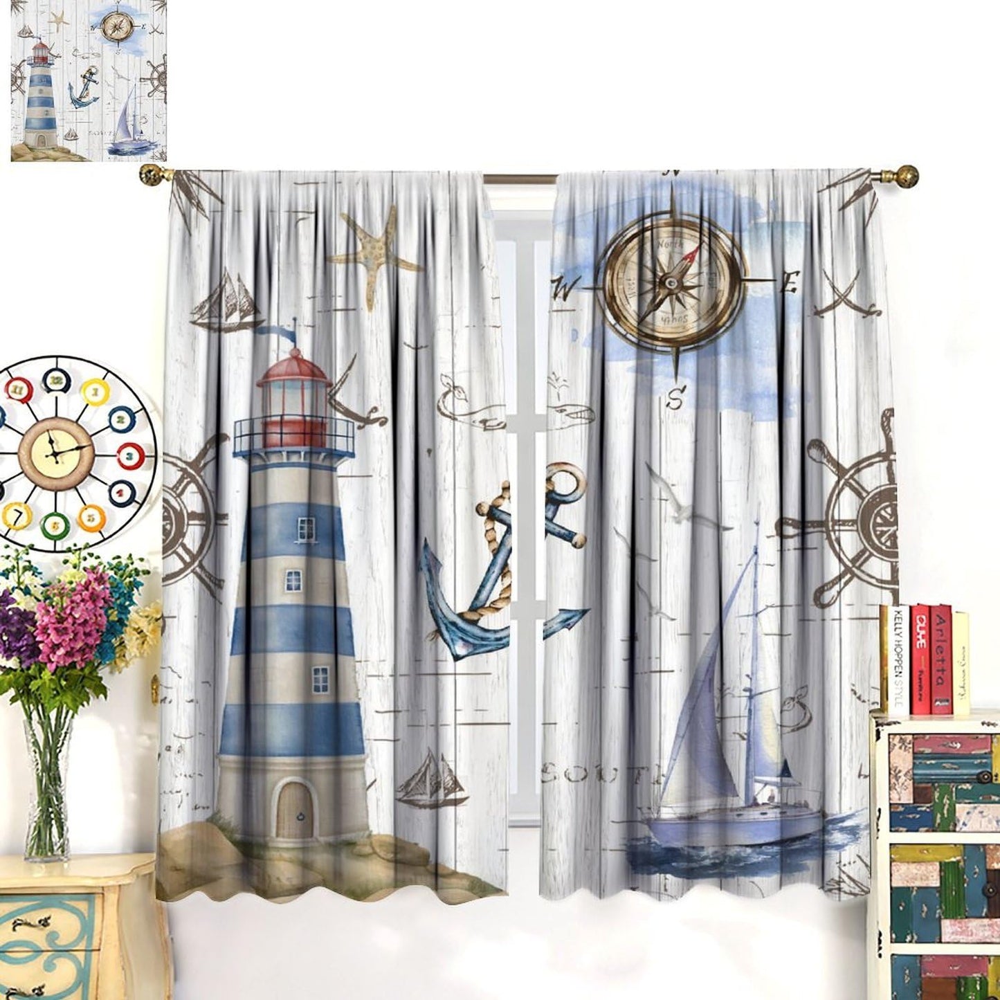Nanacur Lighthou Nautical Map Curtains, Ocean Vintage Adventure Compass Anchor Shell Rod Pocket Window Treatment for Kids Bedroom Living Room Kitchen Drapes 41" W X 45" L (No Blackout)
