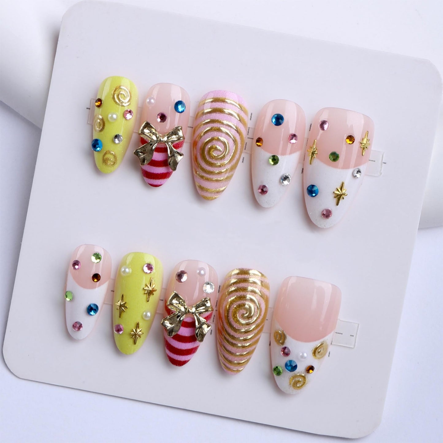 Octoswave Long Almond Press on Nails with 3D Bow, Spiral & Rhinestone Accents – Vibrant Acrylic Fake Nails for Women, Perfect for Parties, Weddings, Holidays & Daily Glam (30Pcs)