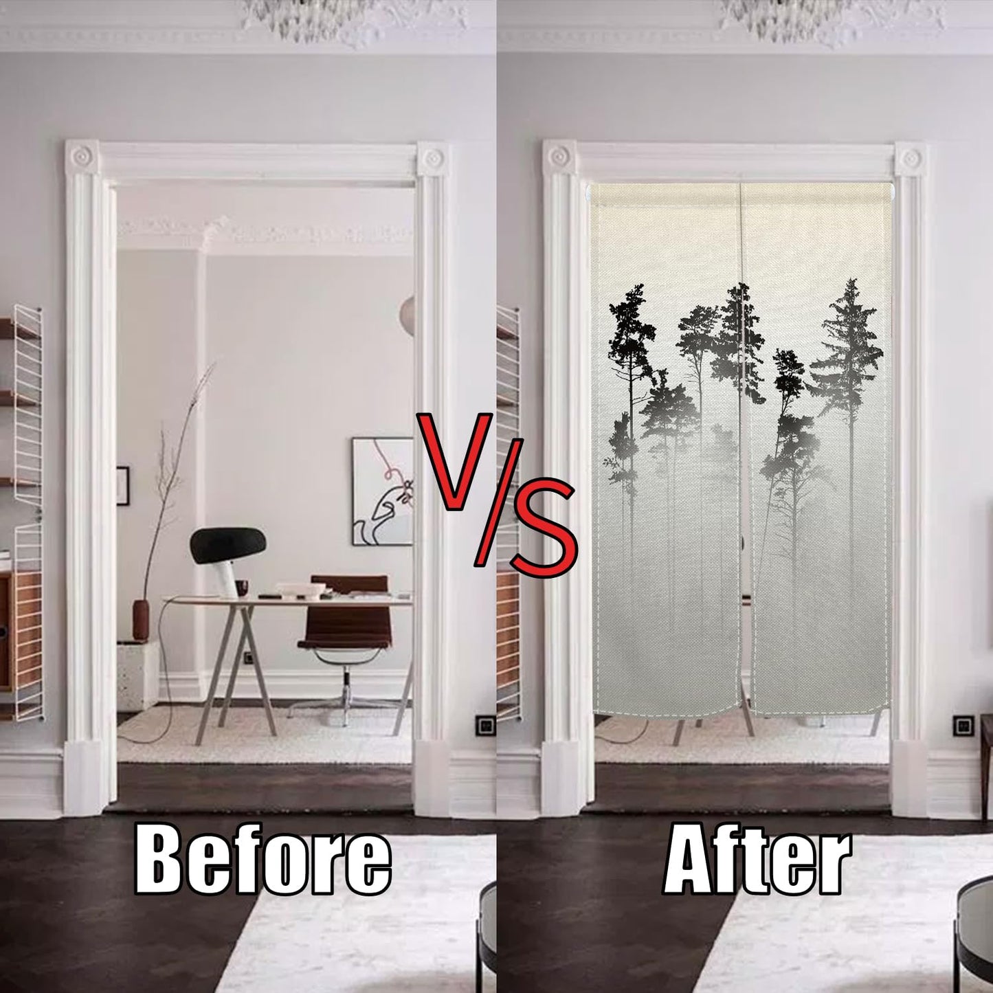 XMJJKUF Japanese Noren Doorway Curtain Long Style Japanese Window Treatment Tree Printed Door Curtain Tapestry Panel for Hanging Ukiyoe Room Divider Kitchen Home Decors(Ink,Trees),33.5"x 70.9"