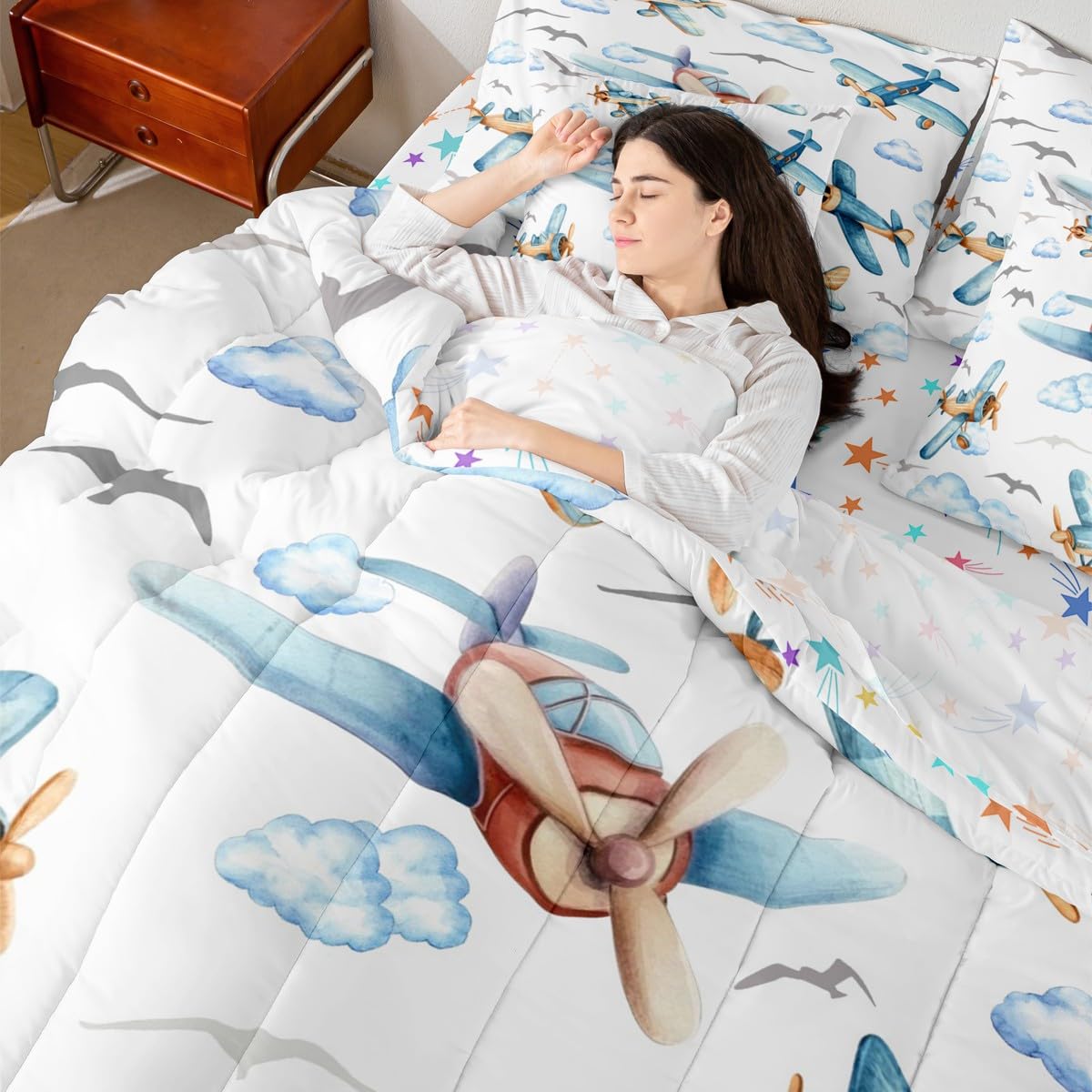 Erosebridal Boys Cartoon Propeller Plane Full 7 Pcs Bedding Set, Aircraft Airplane Comforter Set with Sheets, Blue Clouds Bed in A Bag for Kids Girls Adults Bedroom, Flying Birds Animals Bed Sets