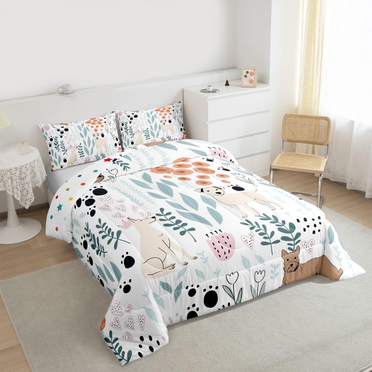 Erosebridal Kawaii Dog Bedding Set,Cartoon Puppy Dog Comforter Set Twin,Cute Love Heart Leaf Flower Comforter Set for Kids Girls Boys,Paw Print Pet Animals Quilt Duvet Insert with 1 Pillow Case