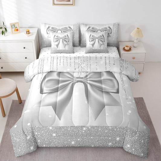 Feelyou Bowknot Comforter Set Twin Size 7 Pieces Dreamy Princess Bedding Set for Kids Boys Girls Glitter Bed in a Bag with Comforter, Sheets, Pillowcases, Cushion Covers Cute Bow Quilted Soft