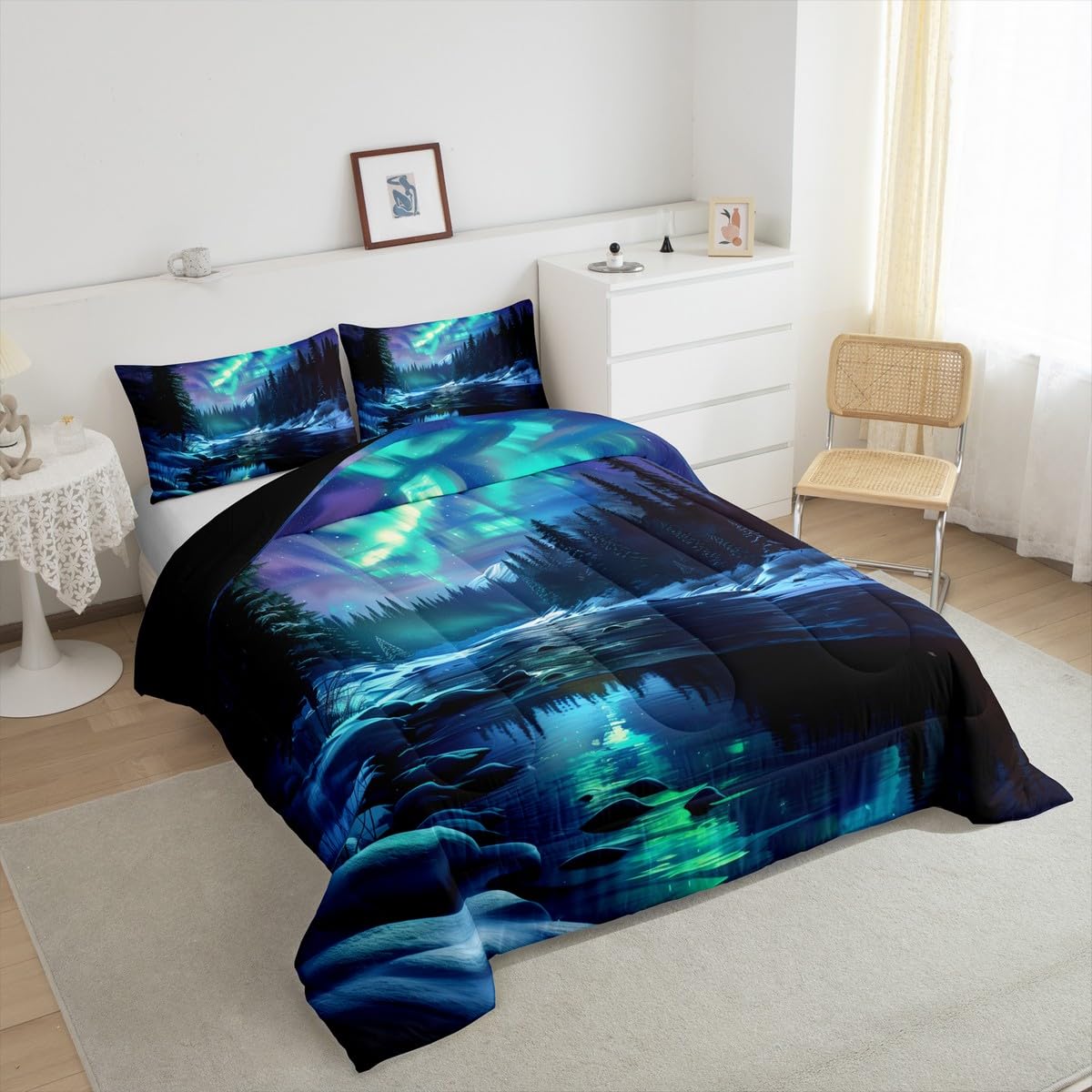Manfei Northern Lights Kids Comforter Set Twin Size,Pine Trees River Natural Bedding Set Room Decor,Romantic Mysterious Magical Quilt Comforter,Blue and Green Duvet Set Bedroom Quilt Set,1 Pillowcase