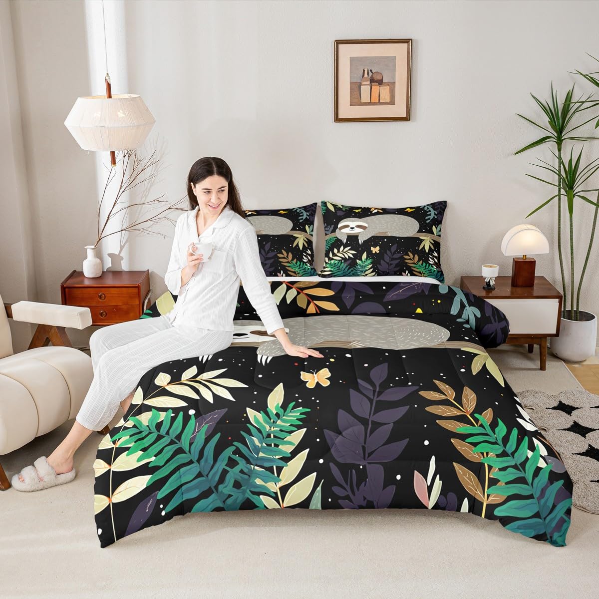 Feelyou Sloth Comforter Cute Sloth Bedding Set for Kids Boys Girls Galaxy Butterfly Comforter Set Botanical Leaves Inner Fill Duvet Set 1 Comforter Set with 2 Pillowcases Queen Size