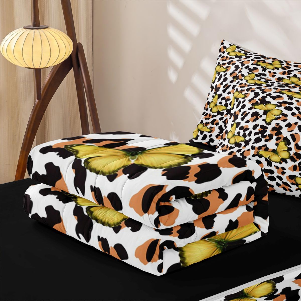 Feelyou Leopard Print Zipper Bedding Queen Yellow Butterfly Zipper Bedding Sets for Kids Boys Girls Girl Butterflies Comforter Set with Fitted Sheet and 2 Pillowcases Bedroom Decor