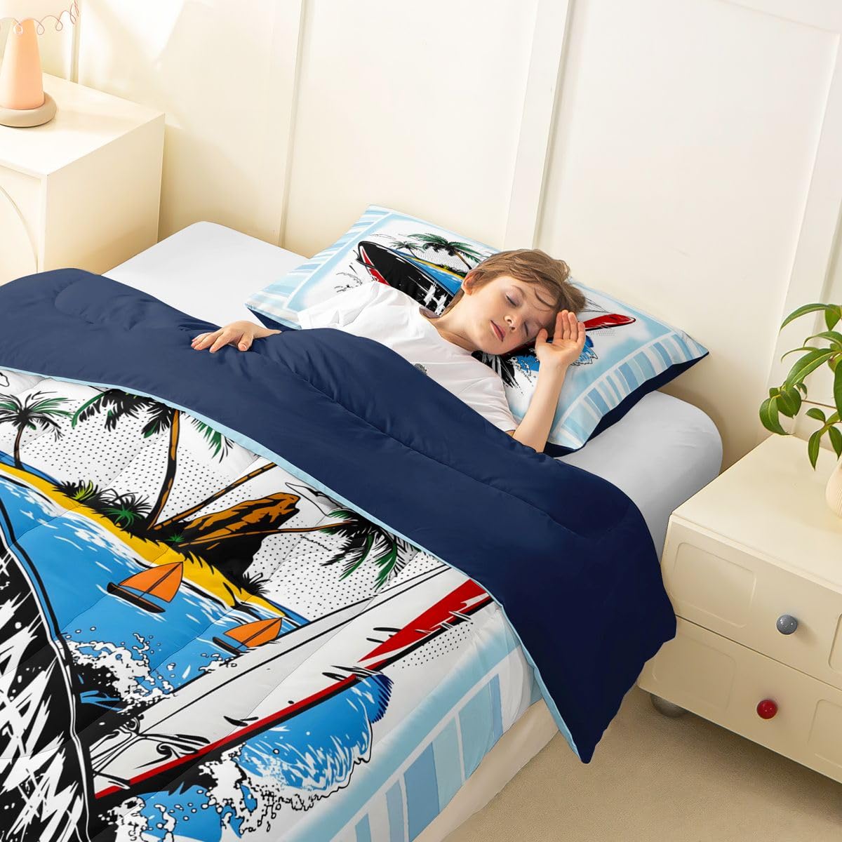 Erosebridal Hawaii Surfboard Toddler Comforter Set Retro Tropical Surfing Sport Bedding Set Summer Surf Fresh Striped Comforter,Beachy Room Decor Aesthetic Quilt Duvet