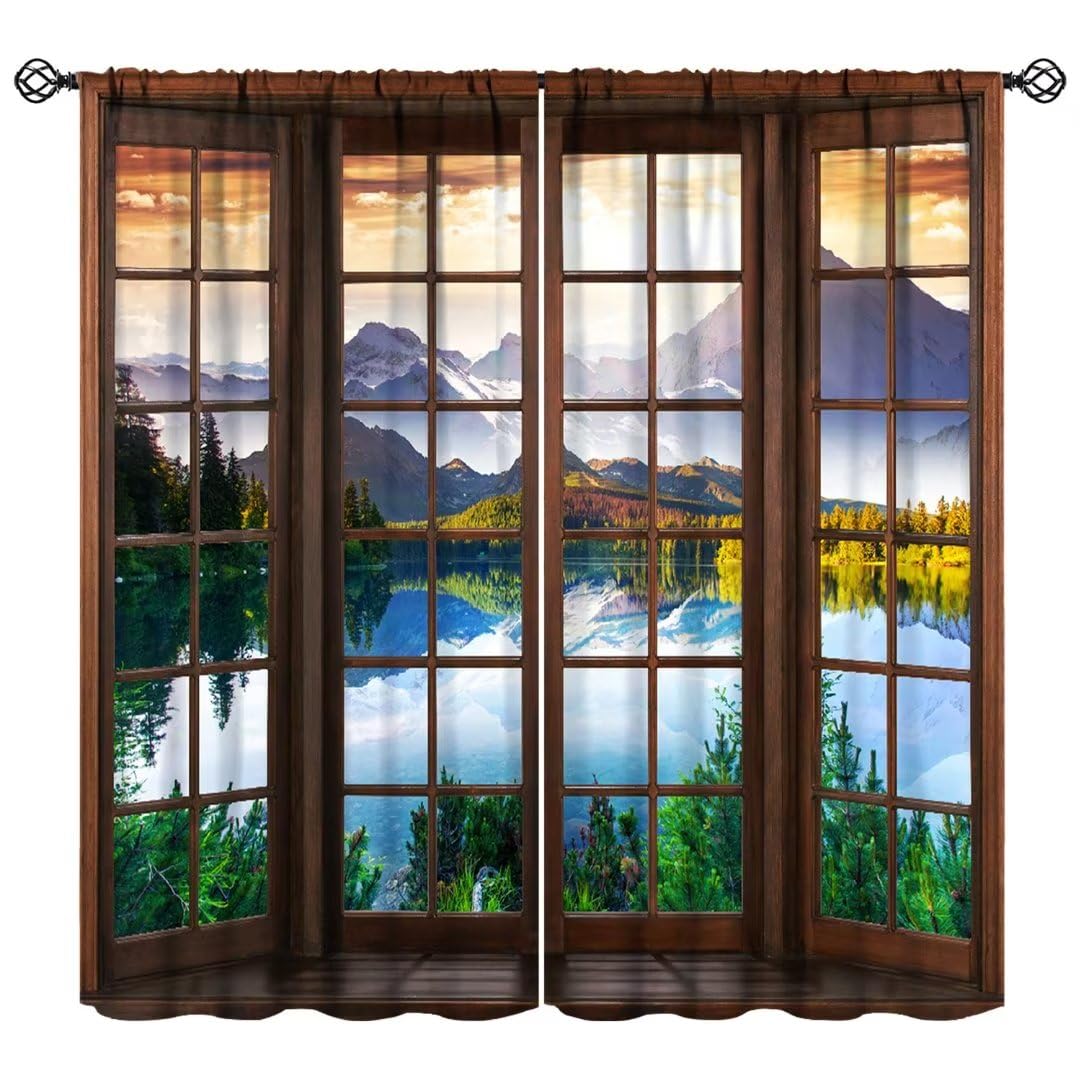 Landscape Curtains, Nature Scenery Theme Forest Lake Mountain 3D Scene Rod Pocket Blackout Window Treatments for Bedroom Living Room Office Cafe 42x45 Inch