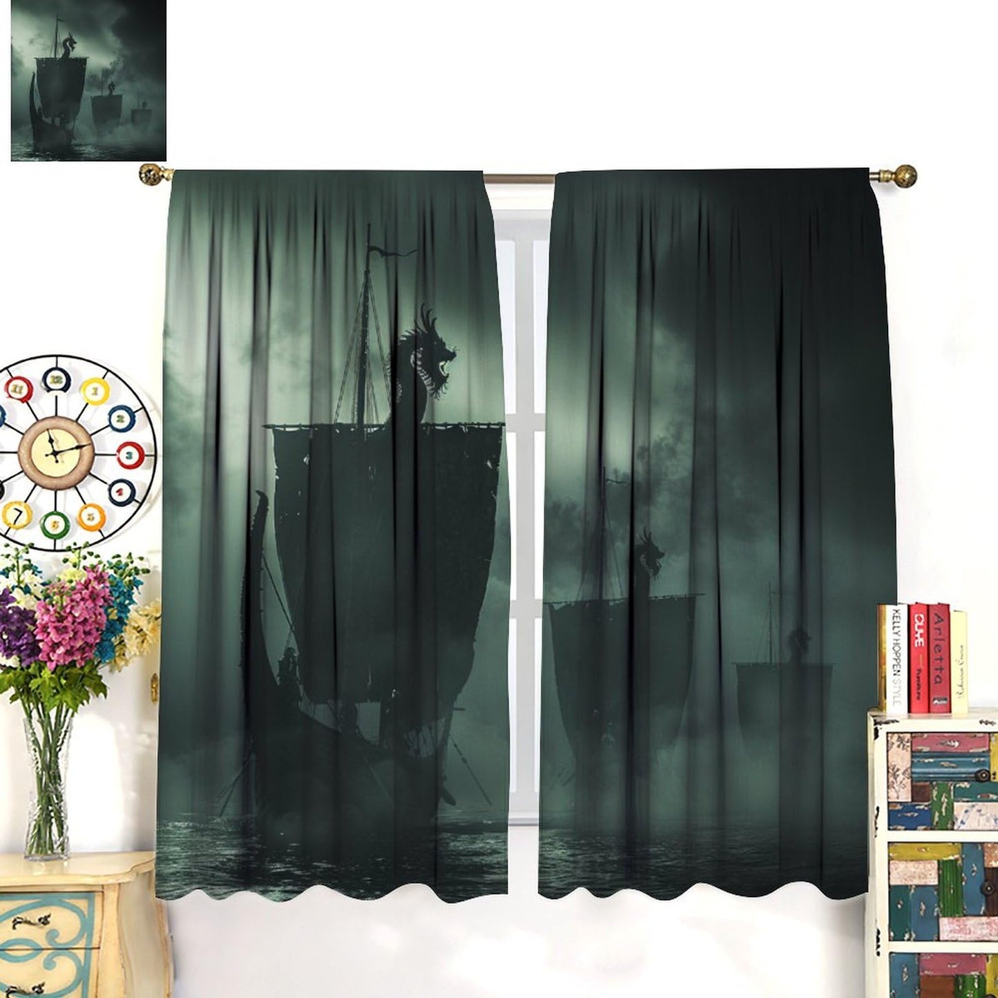 TOWINSFB Medieval Ship Sea Storm Blackout Curtains for Bedroom Living Room, Mysterious Sailboat Wave Black Sky Thermal Insulated Room Darkening Curtain- 2 Panels, Each 45" L x 21" W