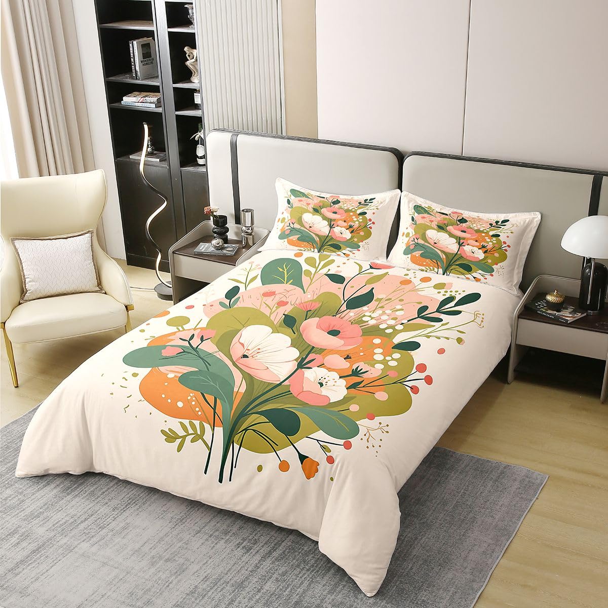Erosebridal Pink Floral 100% Cotton Duvet Cover Full Flower Blossoms Bedding Set for Kids Girls Boys Adults Spring Leaf Floral Comforter Cover Beige Pink Bedclothes 3 Pcs