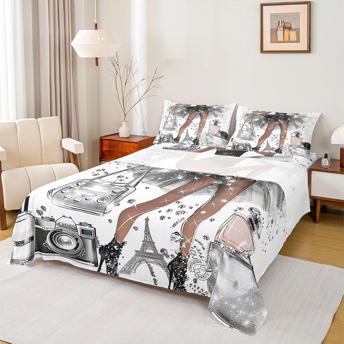 Erosebridal Paris King Bed Sheets | Romantic Women Dress Sheets Camera Bag Eiffel Tower Flat Fitted Sheet Girly Modern Fashion Bed Sets