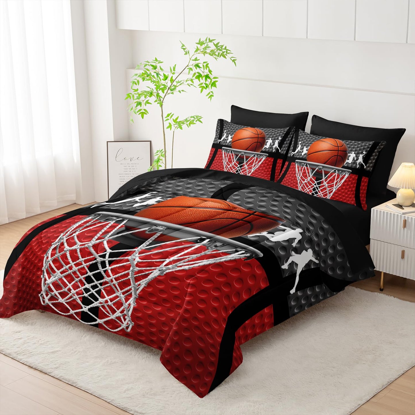 AILONEN Kids 3D Basketball Sport Comforter Set for Boys,7-Piece Basketball Framework Bed in a Bag Twin Size,Gaming Comforter & Fitted Sheet with Flat Sheet,2 Pillowcases,2 Pillow Shams,Soft