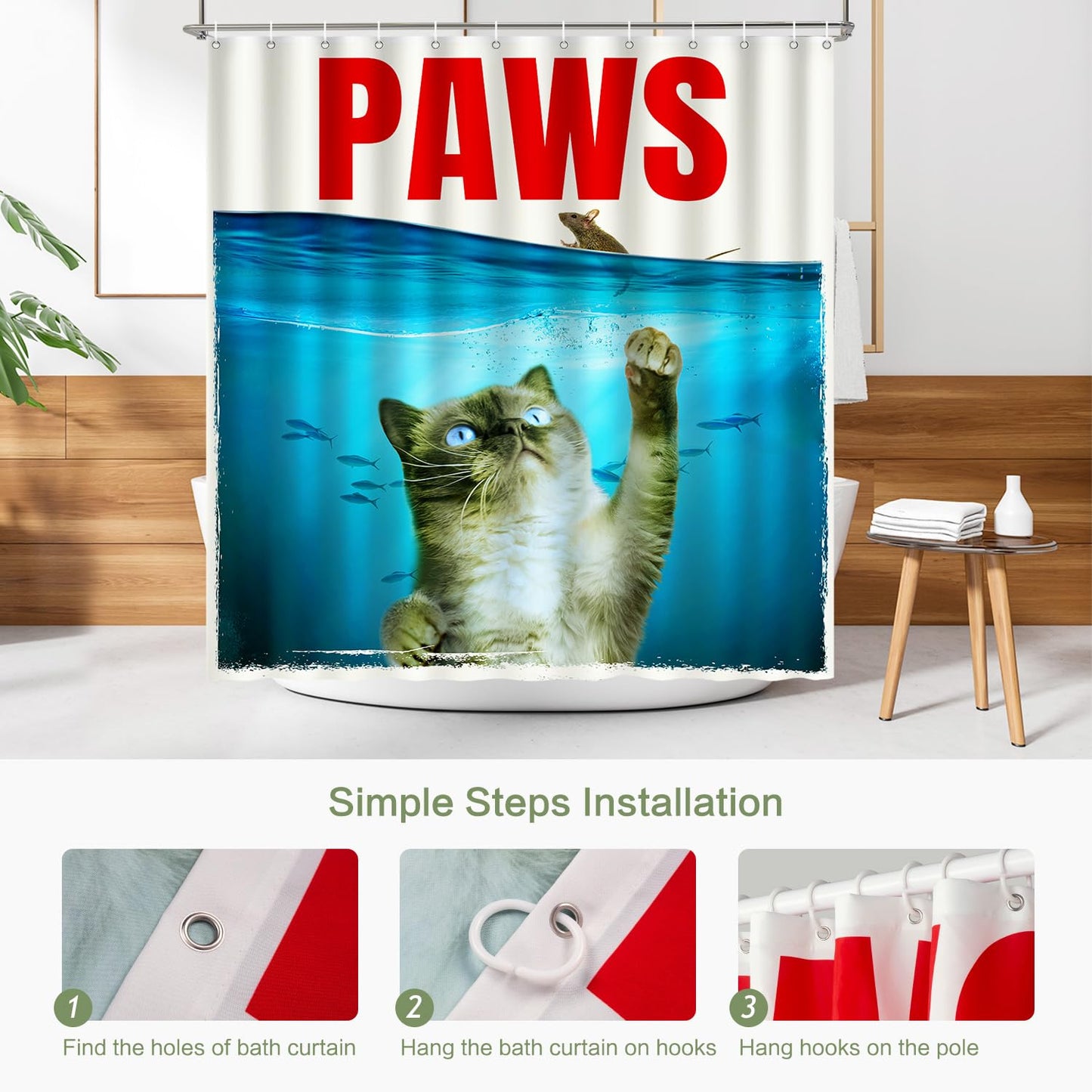 Lokigo Grey Funny Cat Shower Curtain, Cute Cat Paw Chasing Mouse in Teal Blue Ocean Nautical Shower Curtains for Bathroom Decor, Waterproof Polyester ShowerCurtains with 12 Hooks, 72" x 72"